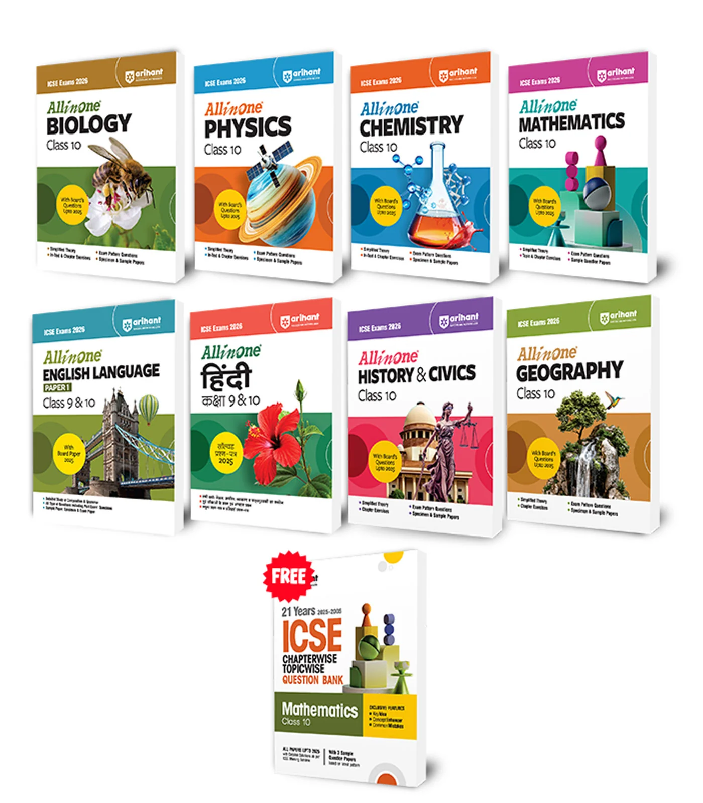 Combo of ICSE All in One Class 10th Exam 2026 | Physics, Chemistry, Mathematics, Biology, Hindi English Lang (Paper-1), History & Civics & Geography | With Free Chapterwise Solved Mathematics